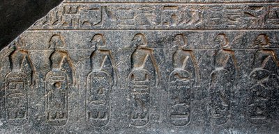 埃及古物：装饰法老拉美西斯二世（公元前1292-1186年）所征服的领土的徽章的浮雕细节。卢克索神庙。东岸（底比斯），埃及 作者 埃及第19王朝
