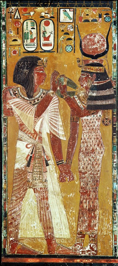 救济描绘女神哈索尔将魔法衣领放在Seti I（公元前139  -  1279年）新王国（彩绘石灰石） 作者 埃及第19王朝