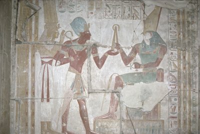 Isis的救济，将Sethos I（公元前1303-1290）呈现给新王国荷鲁斯（壁画） 作者 埃及第19王朝