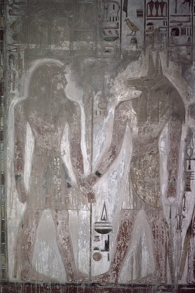 Seti I（公元前1303-1290）和Anubis在新王国塞提墓（壁画） 作者 Egyptian 19th Dynasty