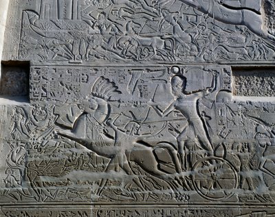 塞提一世在叙利亚和巴勒斯坦的战役，卡纳克神庙建筑群大柱厅北外墙浮雕（联合国教科文组织世界遗产名录 作者 埃及第19王朝