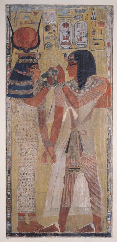 女神哈索尔将魔法衣领放在Seti I（公元前139  -  1279年），取自新王国国王谷的Seti I墓（画石灰石浮雕） 作者 埃及第19王朝