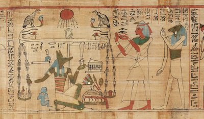 神父 Aha-Mer 的死者之书中的细节描绘了阿努比斯将死者的心脏与真理之羽（纸莎草纸）相称的重量 作者 埃及第21王朝