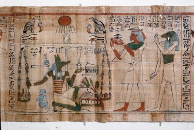 Egyptian antiquitis: psychostasis (称量灵魂). papyrus of a Book of the Dead.第21王朝的纸莎草纸 作者 埃及第21王朝