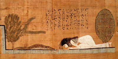 葬礼纸莎草画描绘死者在鳄鱼面前匍匐（纸莎草纸） 作者 埃及第21王朝