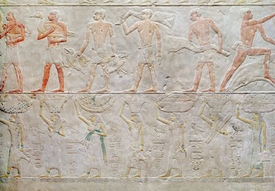 描绘人们携带食物的救济，来自Akhethotep，旧王国的Mastaba，公元前240年（画石灰石） 作者 埃及第五王朝