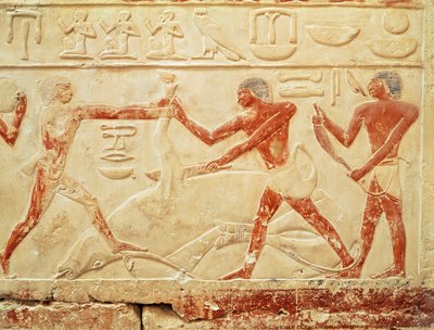 屠夫屠宰牛，从公主Idut，旧王国墓，公元前2330年（画石灰石）救济 作者 Egyptian 6th Dynasty