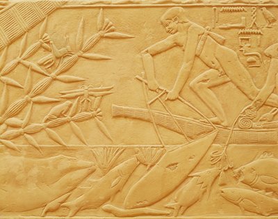 钓鱼场景，来自Kagemni的Mastaba，古王国（石灰岩） 作者 Egyptian 6th Dynasty