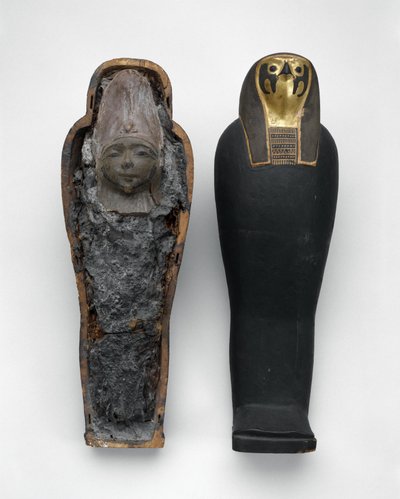猎鹰形棺材，配以木乃伊，公元前332-30年（涂漆和镀金木材，谷物，泥土，亚麻和蜡） 作者 埃及托勒密时期