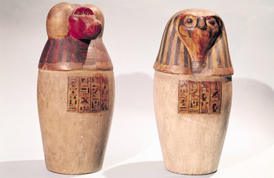 两个新王国罐头罐（彩绘木）的副本 作者 Egyptian School
