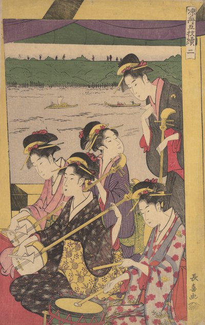一群艺伎在铃木船（即乘凉船）上。船上的第二个场景......，约1796年。 作者 荣斋斋