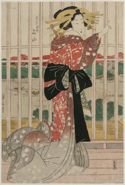 Chojiya的妓女Meizan在阳台上俯瞰c田河，大约在1820年代初或中期。 作者 菊川荣山