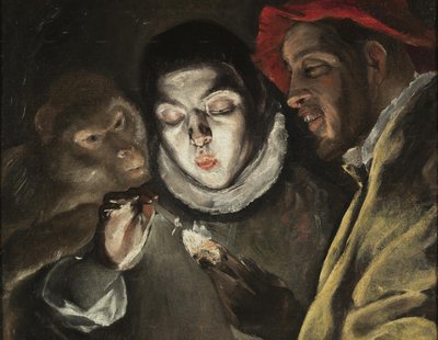 寓言故事：男孩在猿猴和傻瓜的陪伴下点燃蜡烛 (Fábula) 作者 埃尔·格列柯