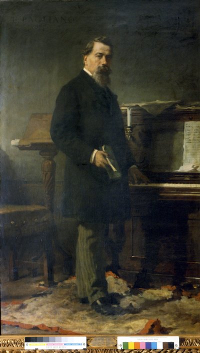 Amilcare Ponchielli (1834 - 1886)。 意大利作曲家。 Eleuterio Pagliano 的绘画。 作者 Eleuterio Pagliano