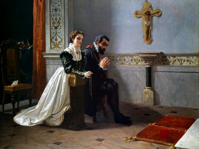 比安卡-卡佩罗和弗朗索瓦一世-美第奇（1541-1587）（Francesco Primo I de Medici）在十字架前祈祷（布面油画）。 作者 Eleuterio Pagliano