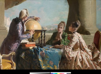 Lecon of Geography 两位上流社会的年轻女性和她们的老师向她们展示地球仪 Eleuterio Pagliano (1826-1903) 1880 年私人收藏 作者 Eleuterio Pagliano