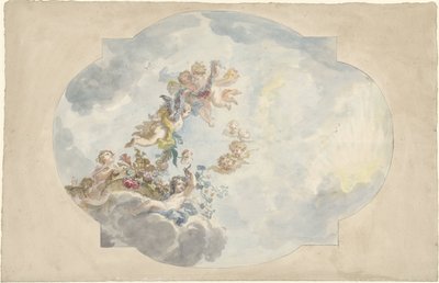 天花板装饰画的设计：菩提、鲜花和花环 作者 埃利亚斯·范奈梅亨（可能）
