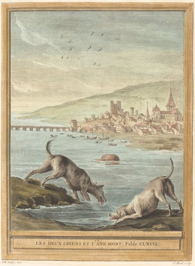 两只狗和一头死驴 作者 让·巴蒂斯特·乌德里 (Jean Baptiste Oudry) 之后的 Elie du Mesnil