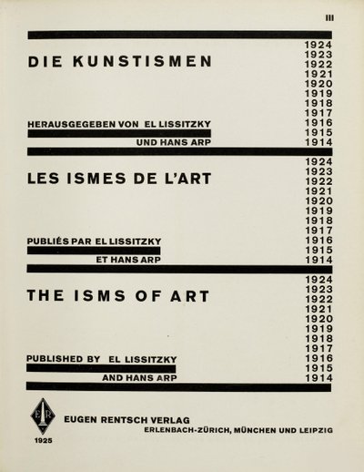标题页：Artisms。 El Lissitzky和Hans Arp的《艺术思想》，1925年。 作者 埃利泽马科维奇利西茨基