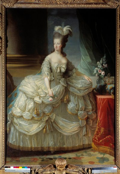玛丽·安托瓦内特脚下的肖像，法国王后洛林·哈布斯堡 (Lorraine Habsburg)（1755-1793 年）身着大型宫廷西装，手捧玫瑰 玛丽·伊丽莎白·路易丝·维吉·勒布伦 (Marie Elisabeth Louise Vigee Lebrun)（或维吉勒布伦或维吉勒布伦）（1755-1842 年）18 世纪的画作 太阳。 2,23 x 1,58 m 作者 伊丽莎白·路易丝·维吉·勒布朗