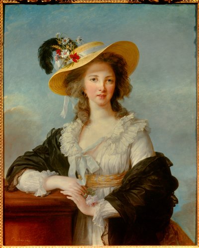 Yolande Gabrielle Martine de Polastron 的肖像，Polignac 公爵夫人（1749-1793）带着草帽绘画，Marie Elisabeth Louise Vigee Le brun（或 Vigee-Lebrun 或 Vigee Lebrun）（1755-1842）1782 年太阳。 0,92x0,73 m - 公爵夫人的肖像 - 肖像 作者 伊丽莎白·路易丝·维吉·勒布朗