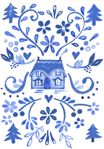 蓝色小屋，2017（水彩画） 作者 伊丽莎白·里德