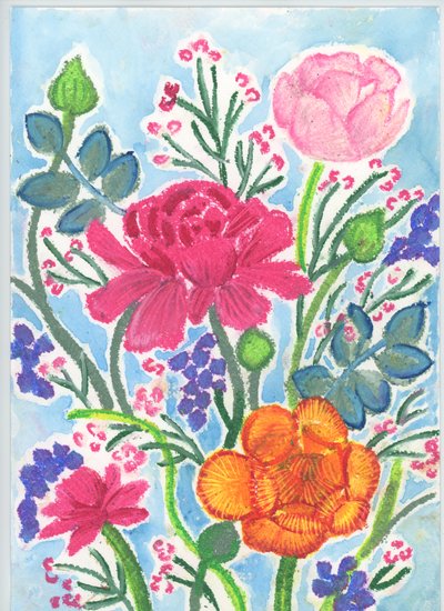 小牡丹花束，2018（油画棒） 作者 伊丽莎白·里德