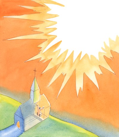 当我们聚集在教堂里做弥撒时，我们可以确信基督本人将与我们同在，在所有圣徒和天使的见证下，从我们的圣所向天父献上无愧的赞美，2005 年（纸面水彩画） 作者 伊丽莎白王