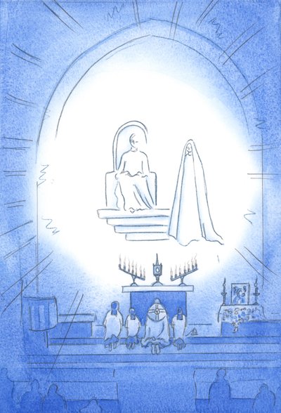 基督在我们的诺维娜和本笃会的荣耀上登上了我们的天，这就像是天上的聚会。我们的母亲玛丽在2002年高兴地站在旁边（纸上写有w - c） 作者 伊丽莎白王