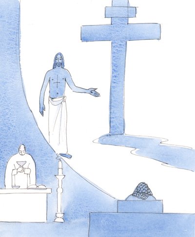 基督在奉献仪式上对我说话，当时他的宝血在祭坛上，2004年（纸上带水） 作者 伊丽莎白王