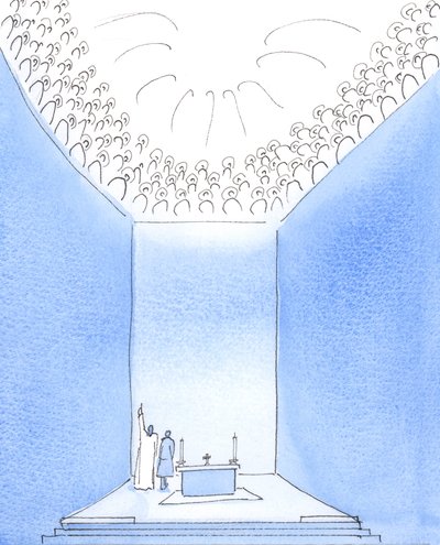 父神在天堂被圣徒们围绕着，他们分享着父神的喜悦，2005 年（纸面水彩画） 作者 伊丽莎白王