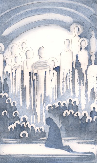 当我们在地球上敬拜时，我看到了在天上敬拜上帝的人们聚会的荣耀，2000年（纸上写有w - c） 作者 伊丽莎白王