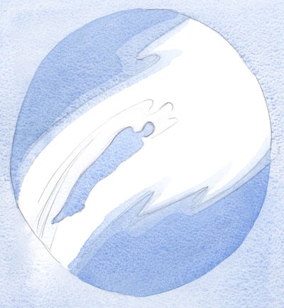 为了回应祈祷，一位天使俯冲到一个耶稣忠实朋友的灵魂，并迅速举起他向天堂里的耶稣打招呼。（2001年，纸上写真） 作者 伊丽莎白王