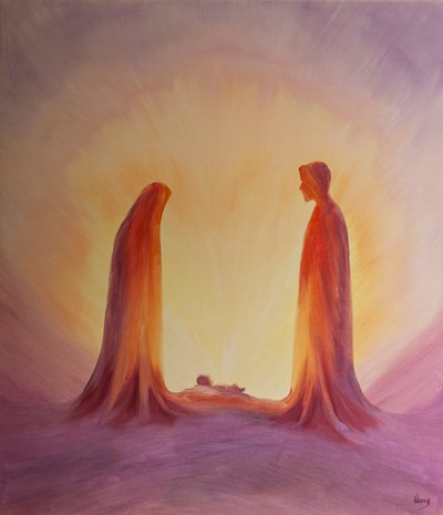 玛丽和约瑟夫满怀信心地望着耶稣诞生时的孩子耶稣（船上有油），2001年 作者 伊丽莎白王