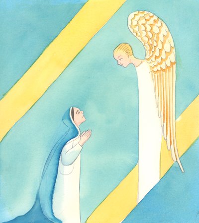 天使对玛丽说"玛利亚，不要害怕，因为你已经得到了上帝的眷顾，2005 年（纸面水彩画） 作者 伊丽莎白王