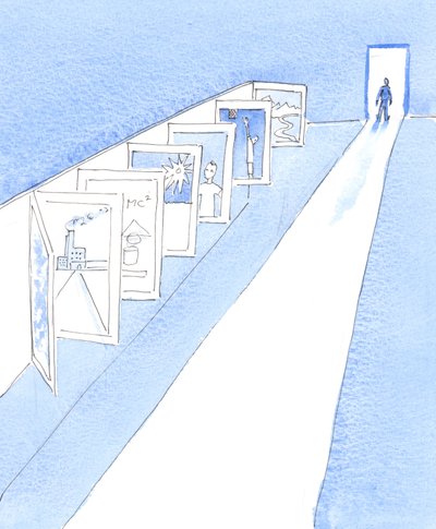 天主向我展示了一系列海报，这些海报代表了天主教学校学习的许多科目，2005 年（纸面水彩画） 作者 伊丽莎白王