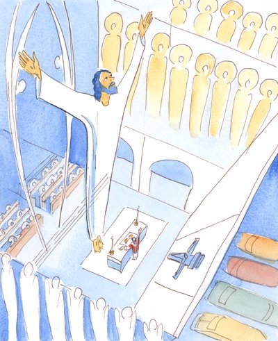 耶稣在弥撒中独具力量的祈祷穿过屋顶，将我们与天堂的崇拜结合在一起 , 2005 （纸面水彩画） 作者 伊丽莎白王