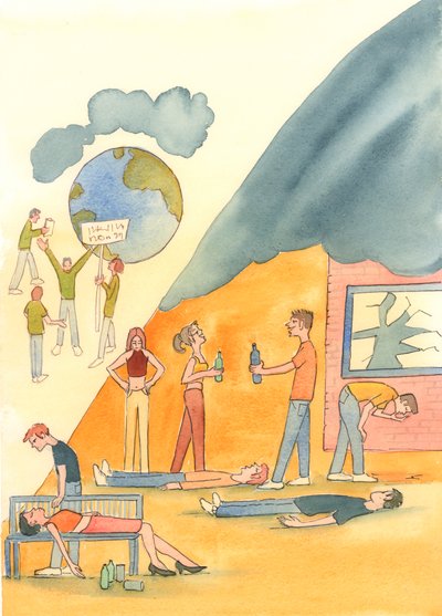地球上的生活有很多危险，比如污染和饥荒，2004 年（纸上水彩画） 作者 伊丽莎白王