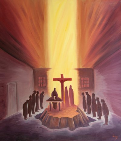 通过弥撒，我们与围绕Church髅地十字架的整个教会团结起来，2001年（船上有油） 作者 伊丽莎白王