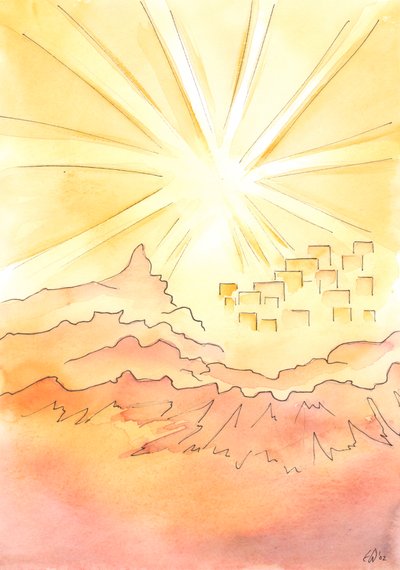 与上帝幸福地生活在地球上，就像生活在天堂般的城市边缘，在山顶上，远远高于下面的黑暗之路，2002年（纸上写有w - c） 作者 伊丽莎白王