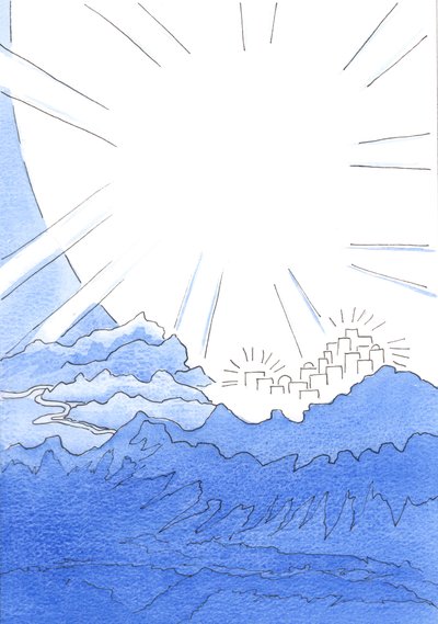 与神幸福地生活在地球上，就像生活在天堂般的城市边缘，在山顶上，远远高于下面的黑暗之路，2002年（纸上写有w - c） 作者 伊丽莎白王
