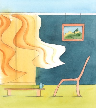 两个人看着同一个场景，一个人感到恐怖--知道有凶手在附近徘徊，而另一个人只看到微风吹拂窗帘--阳光洒下来，2005 年（纸上水彩画） 作者 伊丽莎白王