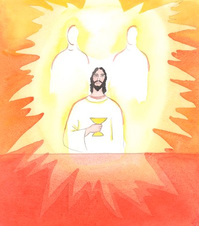 当基督在受难前在上房祈祷时，他在圣灵中向天父祈祷，2005 年（纸面水彩画） 作者 伊丽莎白王