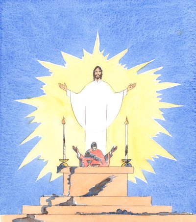 当牧师犯下大罪而不悔改时，就好像他在履行职责时玷污了他所接触的一切，2005 年（纸面水彩画） 作者 伊丽莎白王