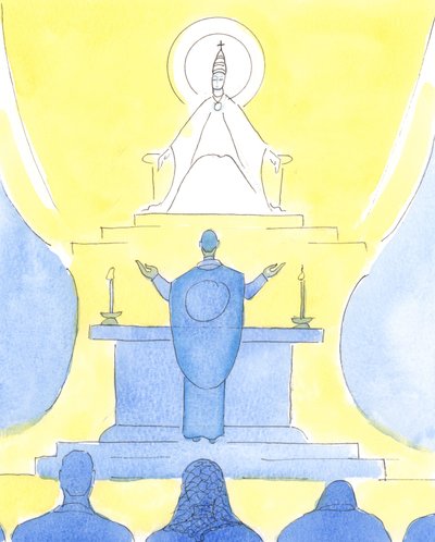 当牧师和人们在弥撒时朝着同一方向前进时，他们都朝着父神在一起，通过基督赞美他。，2004年（纸上w - c） 作者 伊丽莎白王