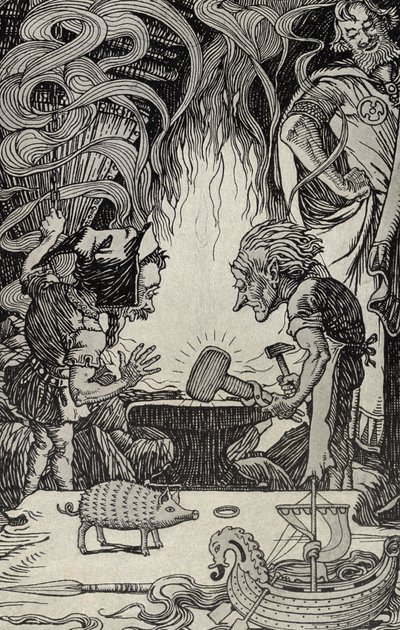 1912年出版的第三件礼物是巨大的锤子，来自“许多地方的神话”的插图 作者 埃尔默·博伊德·史密斯