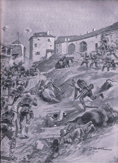 1914年8月在拉加德的阿沙芬堡第二巴伐利亚猎人营，摘自Union Berlagsefellfchaft出版的《1914-1915年世界战争插图史》。 作者 埃米尔（后）里默