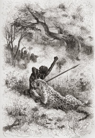 豹子袭击非洲人，插图来自“手中的世界”，由Henri Theophile Hildibrand（1824-97）刻，1878年出版 作者 埃米尔·安托万·贝亚德
