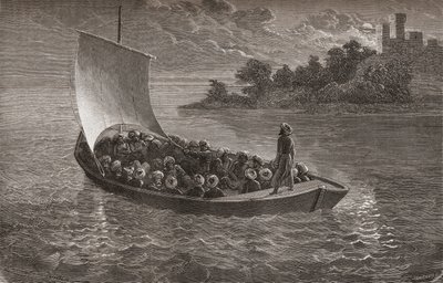 Arminio Vambery和他的同伴于1863年在里海航行，来自“手中的世界”的插图，由Gauchard雕刻，于1878年出版 作者 埃米尔·安托万·贝亚德
