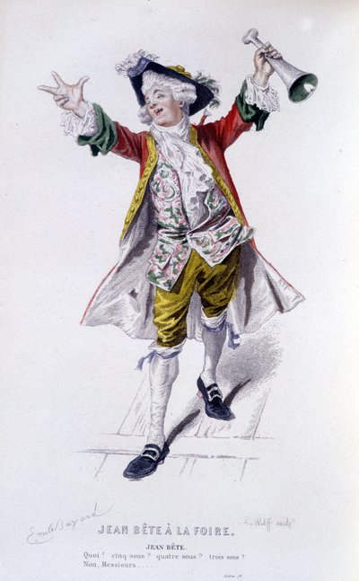 博马舍(1732-1799)全集》由爱德华-富尼耶撰写。埃米尔-巴亚尔绘图。Ed.Laplace, Sanchez et Cie, Paris 1876.这是在 "集市上的让-兽 "中的让-兽 作者 埃米尔·安托万·贝亚德